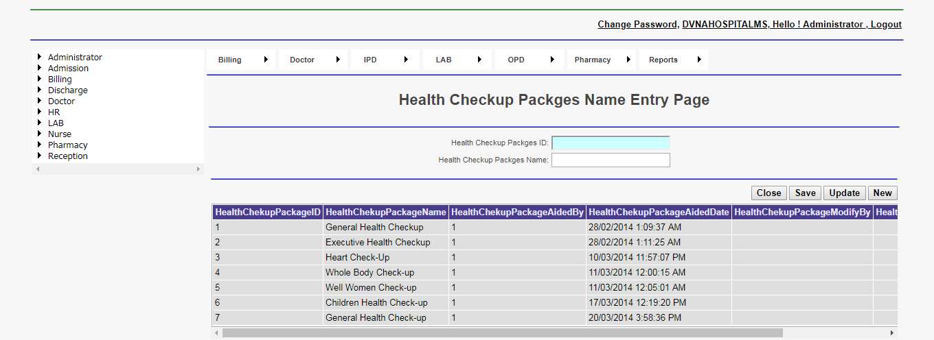 DVNA Hospital Management Software Health Checkup Packges Name Entry Page